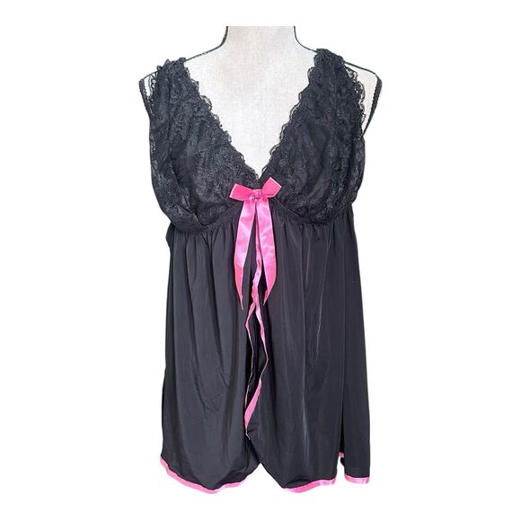 Plus Sz Passion Forever 2X Black Lace Flyaway Babydoll Lingerie Pink Bow Nightie - Picture 1 of 7